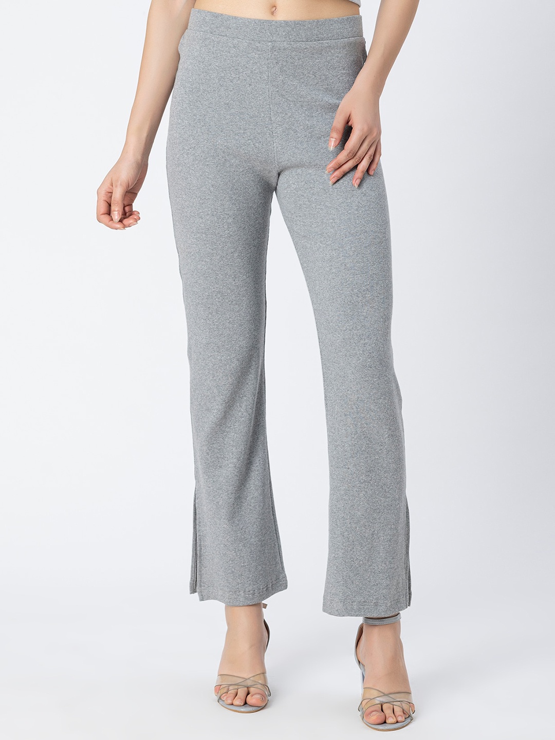 

Moomaya Women Textured Cotton Trousers, Grey