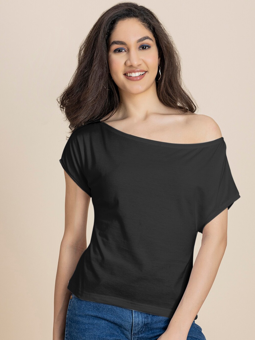 

Moomaya One Shoulder Cotton Extended Sleeves Top, Black