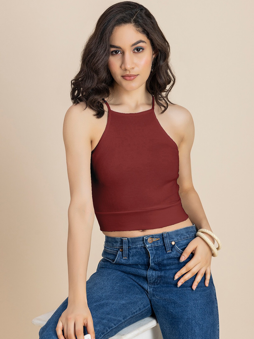 

Moomaya Shoulder Straps Tie-Up Detailed Fitted Crop Top, Maroon