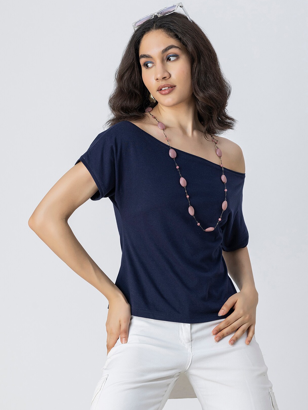 

Moomaya One Shoulder Extended Sleeves Top, Navy blue