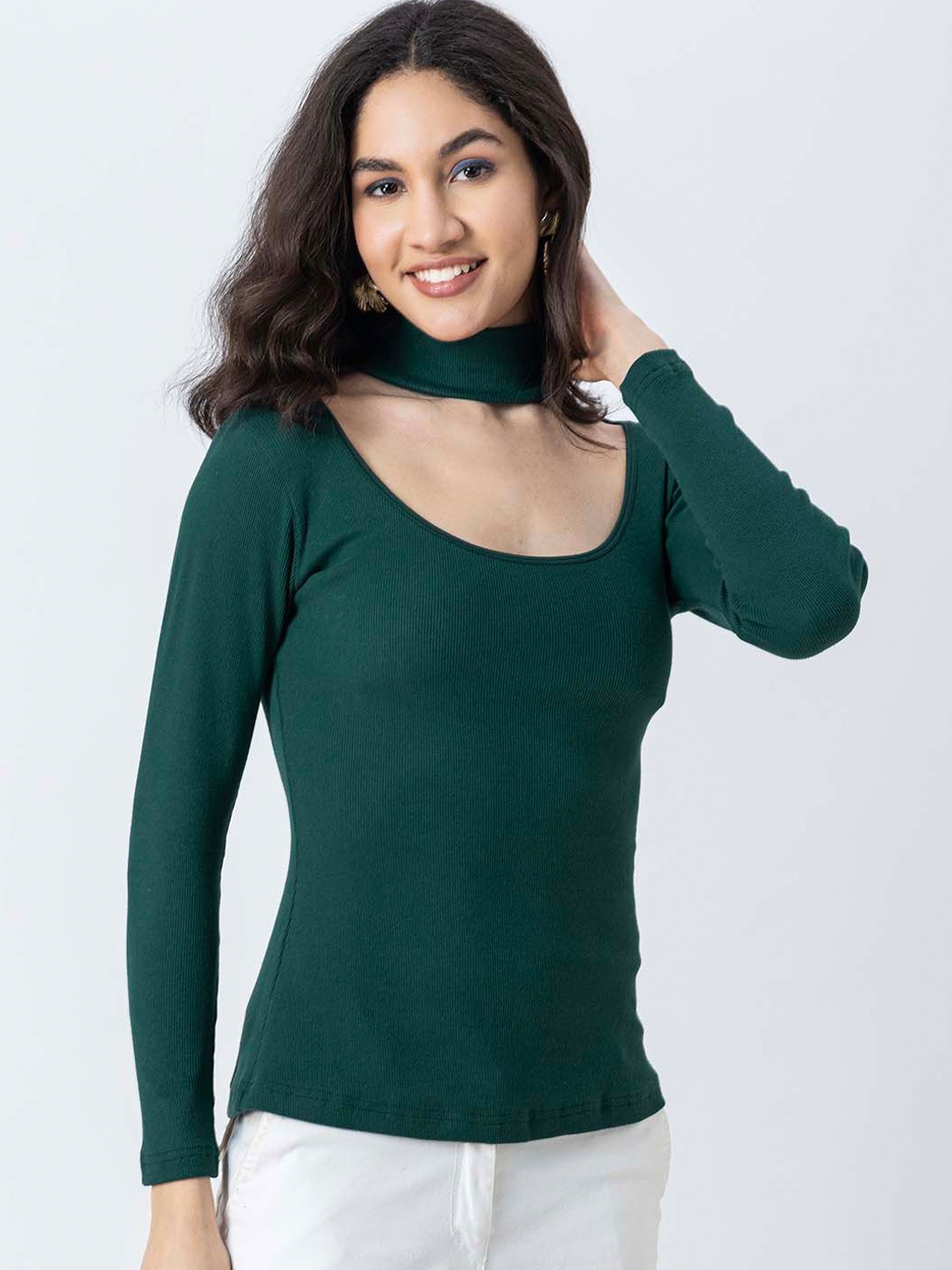 

Moomaya Chocker Neck Rib Knitted Fitted Top, Teal