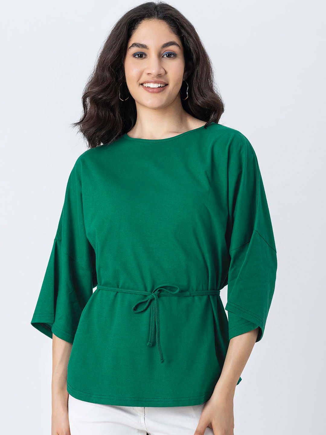 

Moomaya Round Neck Waist Tie-Up Regular Top, Green