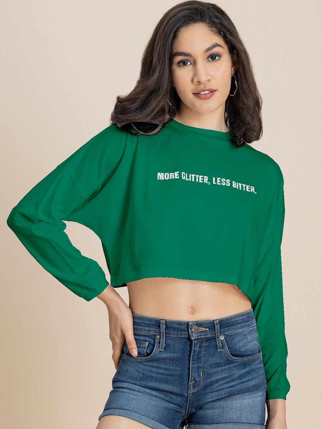 

Moomaya Typography Printed Cuffed Sleeves Pure Cotton Boxy Crop Top, Green