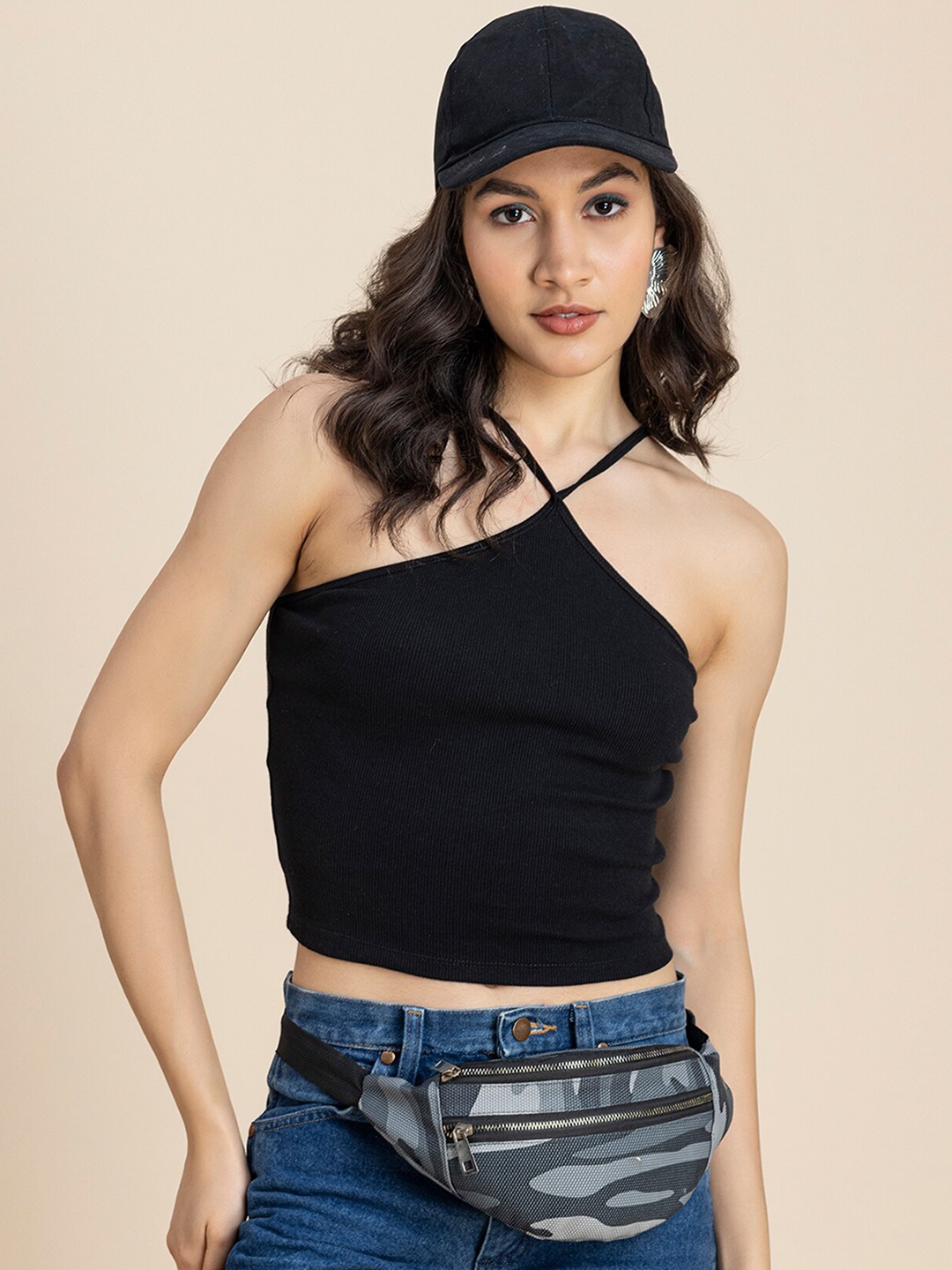 

Moomaya Halter Neck Fitted Crop Top, Black