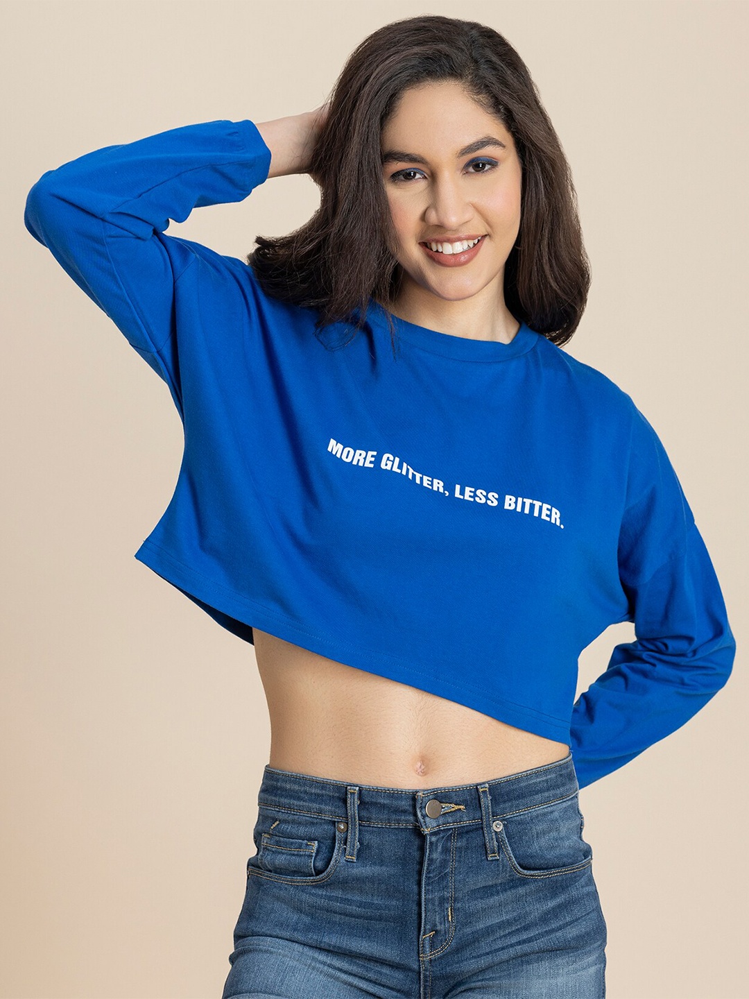 

Moomaya Typography Print Extended Sleeves Boxy Crop Top, Blue