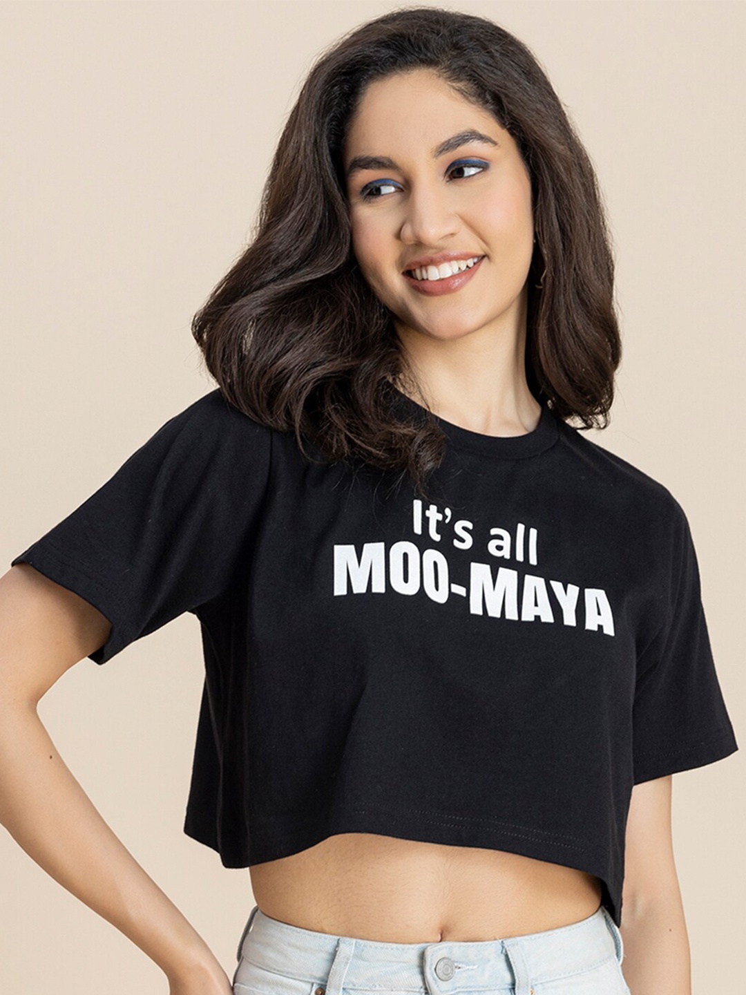 

Moomaya Typography Printed Round Neck Boxy Crop Top, Black