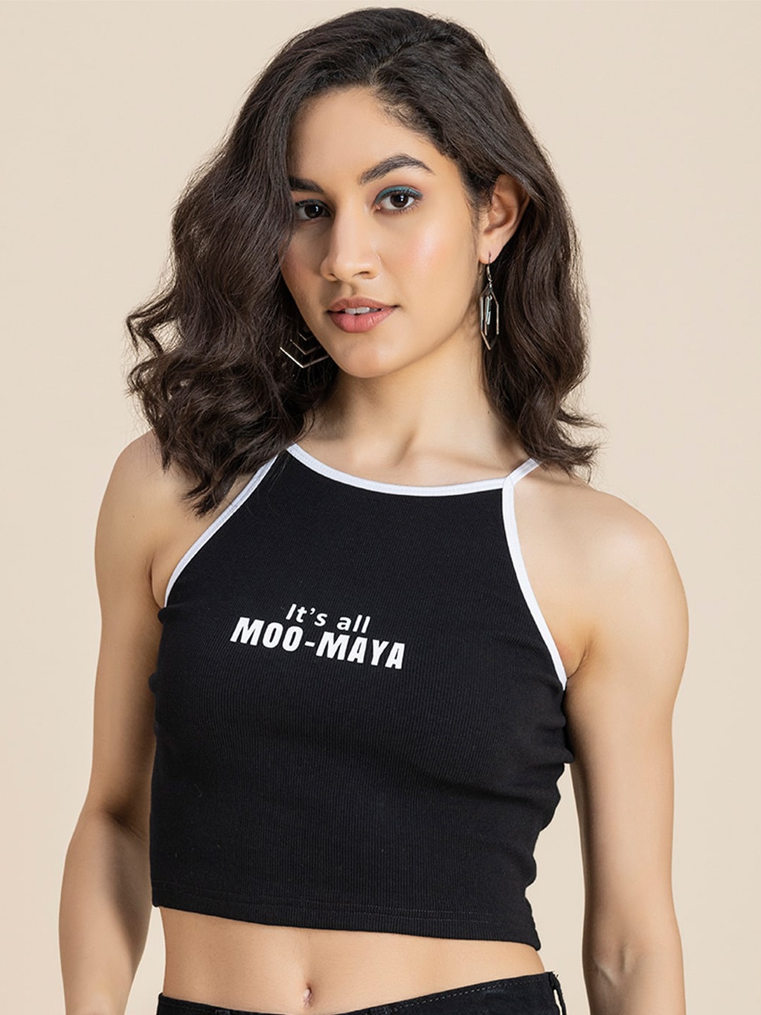 

Moomaya Typography Printed Fitted Crop Top, Black