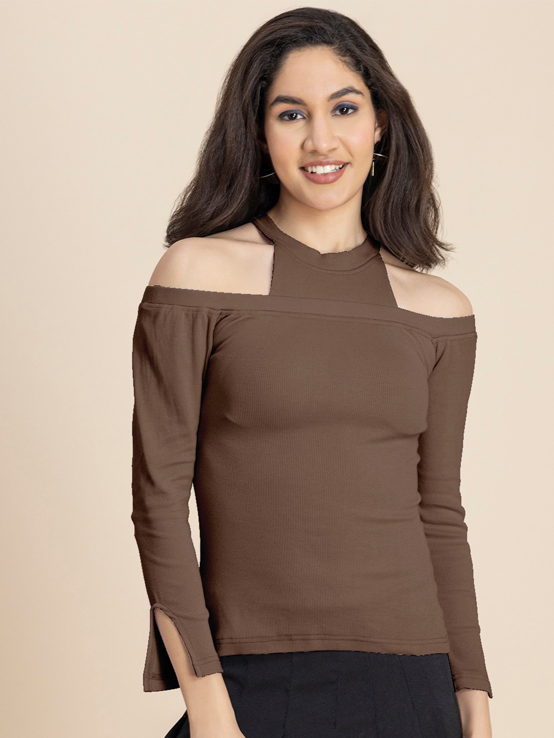 

Moomaya Cold-Shoulder Rib Knitted Fitted Top, Brown