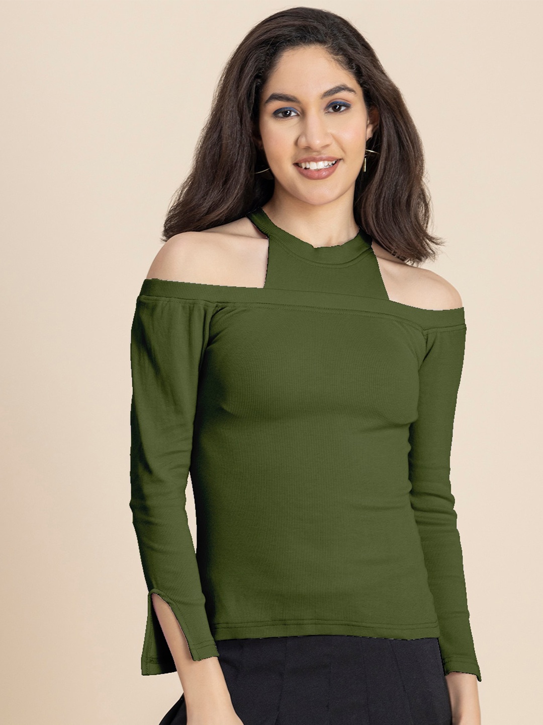 

Moomaya Cold-Shoulder Fitted Top, Olive