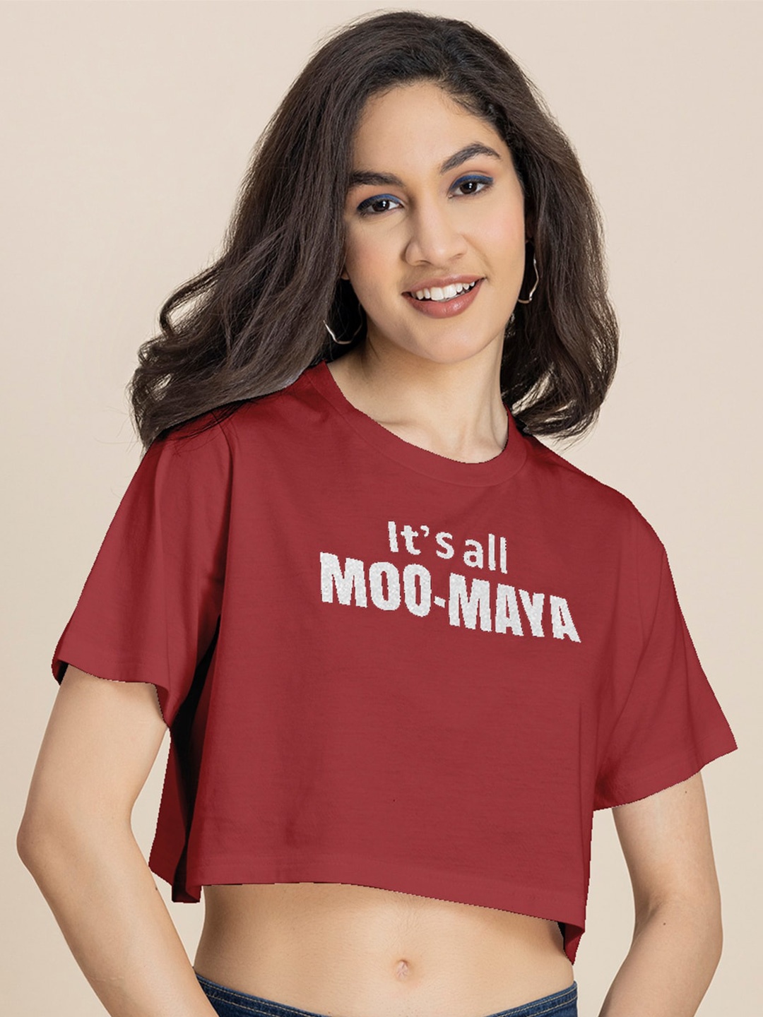 

Moomaya Typography Print Round Neck Boxy Crop Top, Red