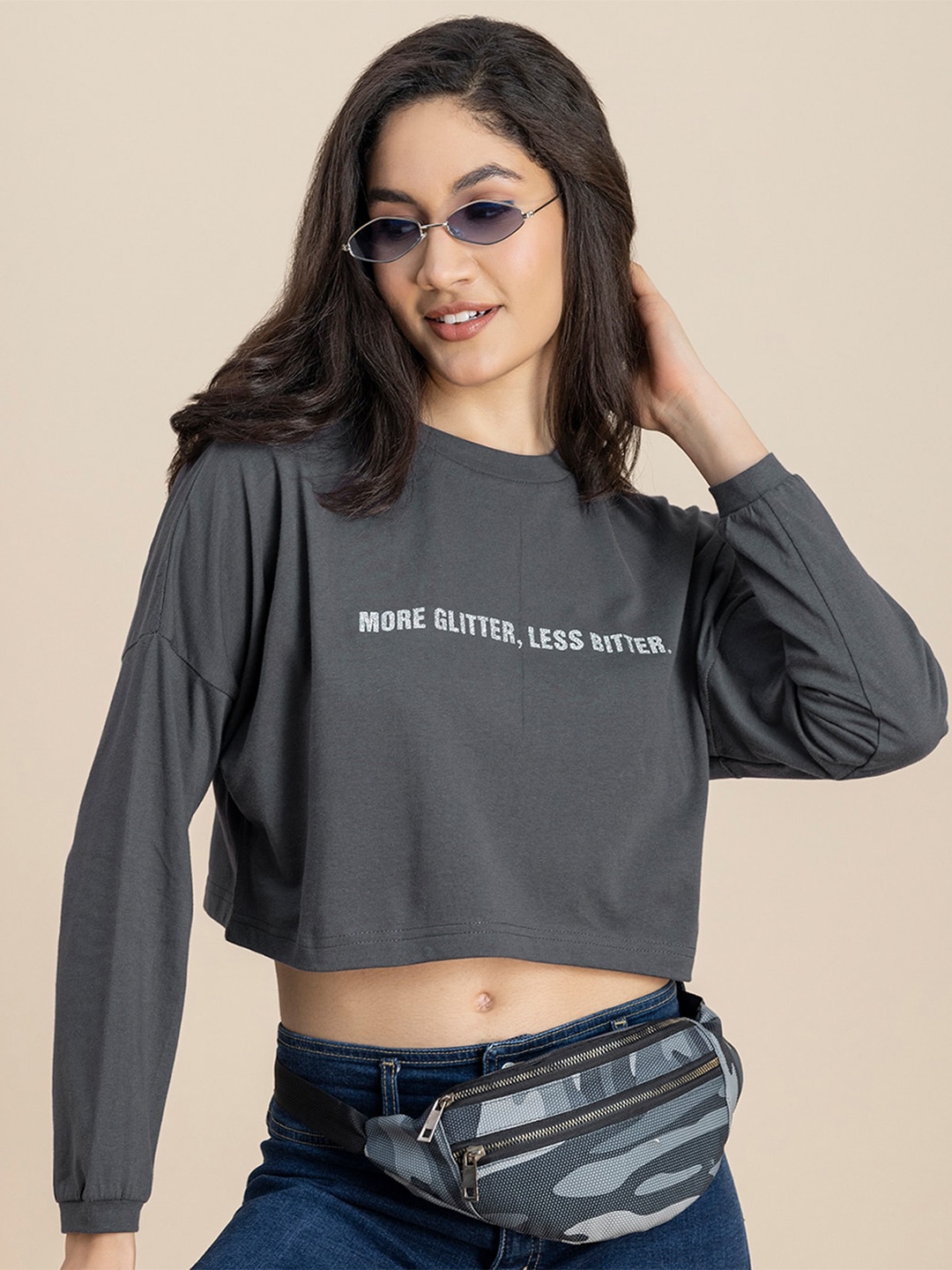 

Moomaya Typography Printed Cuffed Sleeves Pure Cotton Boxy Crop Top, Grey