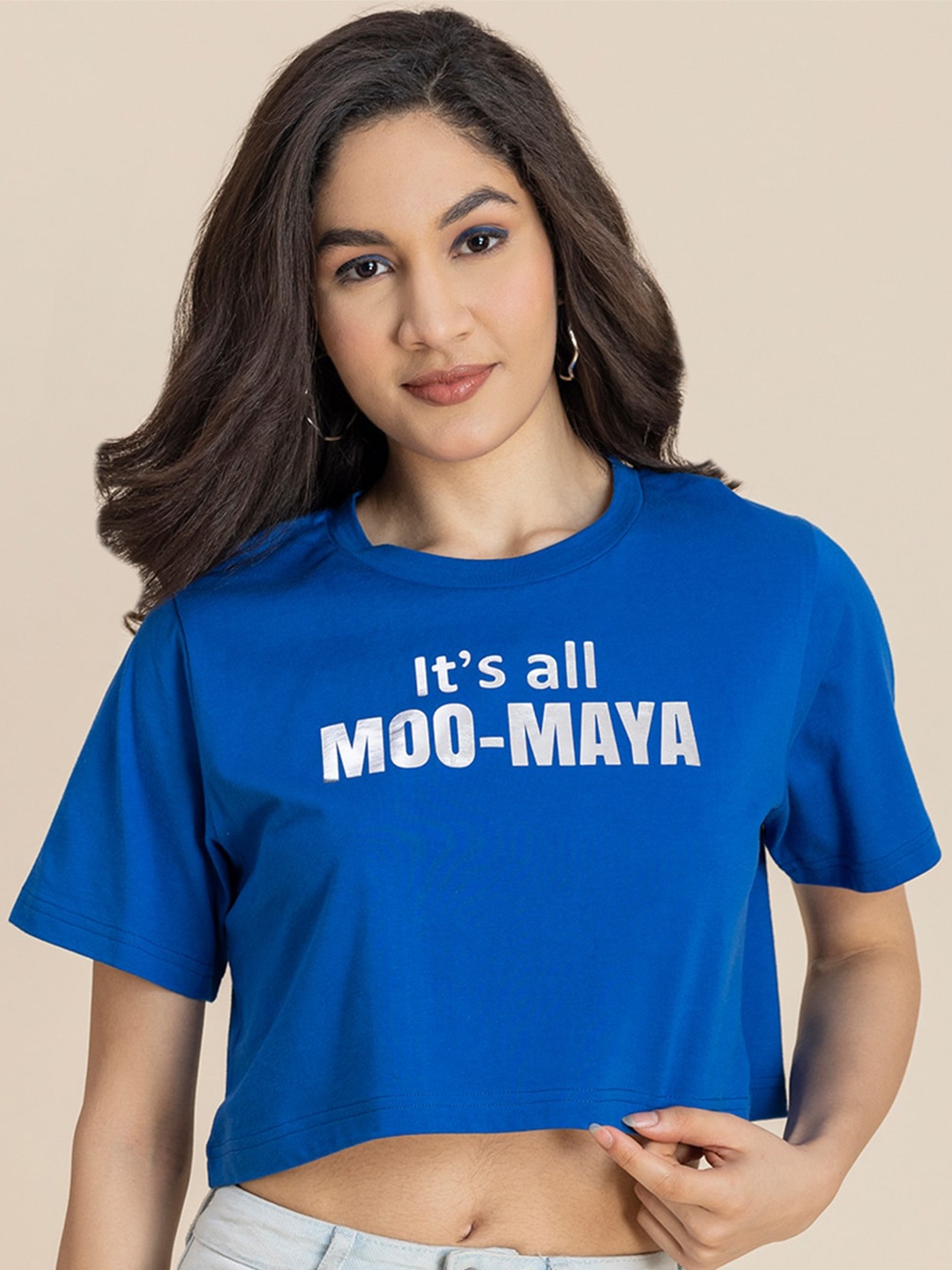 

Moomaya Typography Print Round Neck Boxy Crop Top, Blue