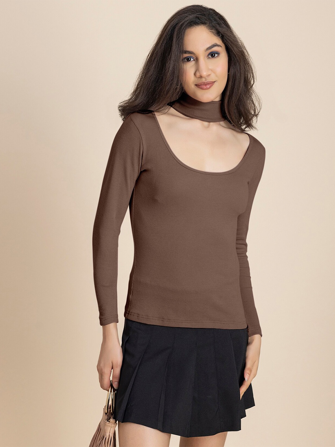 

Moomaya Ribbed Scoop Neck Long Sleeves Regular Top, Brown