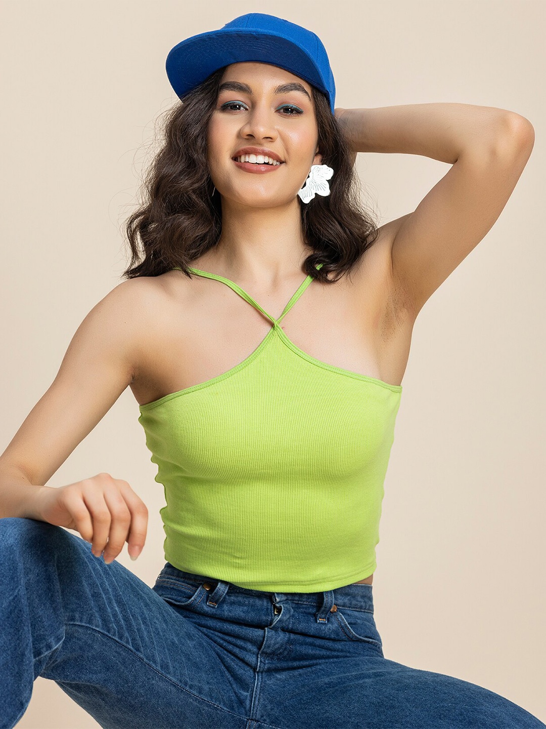 

Moomaya Shoulder Straps Sleeveless Fitted Crop Top, Lime green