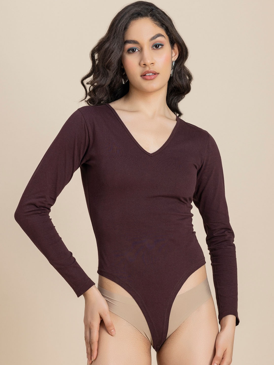 

Moomaya V-Neck Cotton Bodysuit, Brown