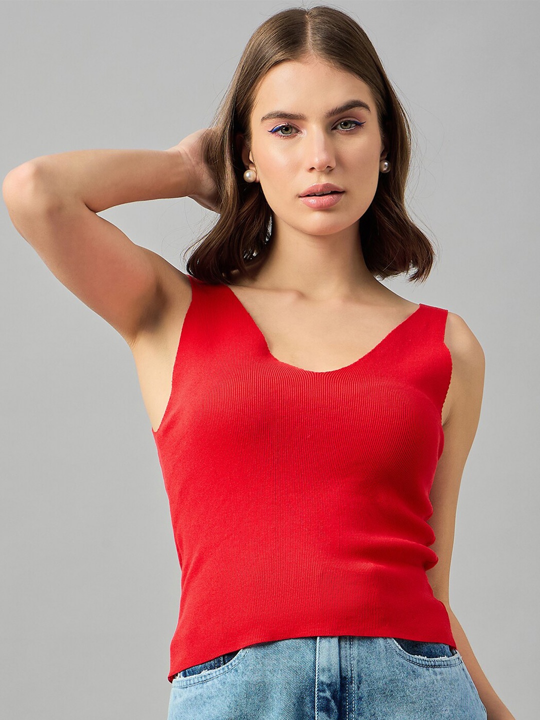 

FEMEA V-Neck Sleeveless Knitted Top, Red