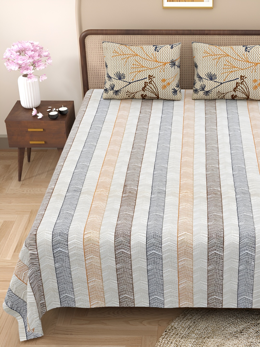 

BELLA CASA Blue & Orange Striped 180 TC Cotton Queen Bedsheet With 2 Pillow Covers