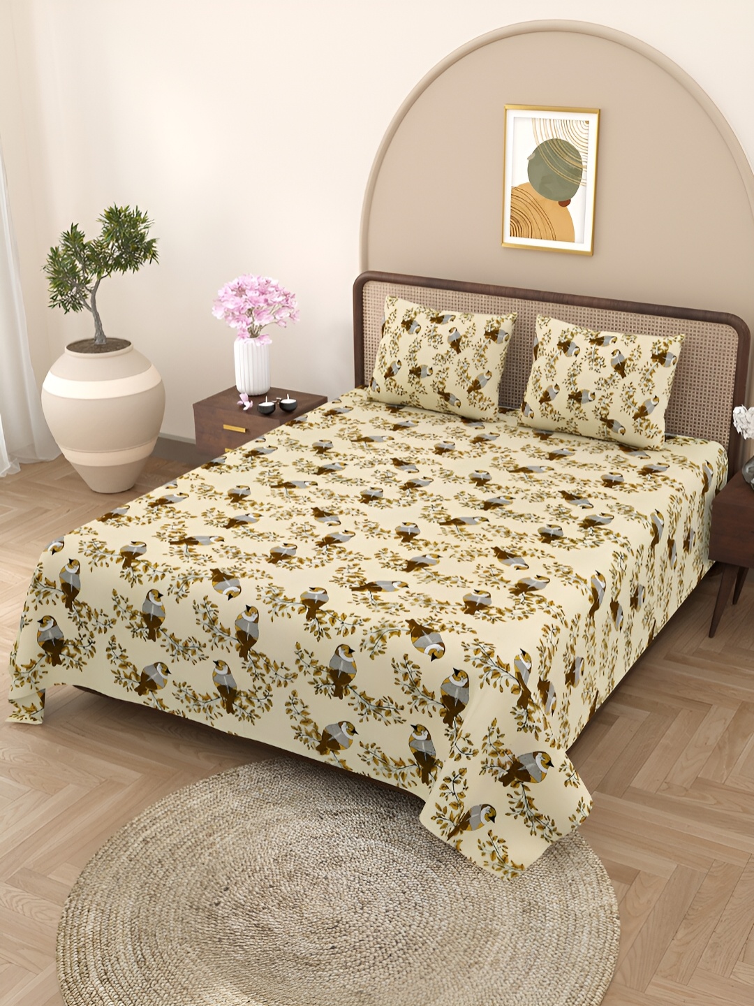 

BELLA CASA Yellow & Grey Printed Cotton 180 TC Queen Double Bedsheet with 2 Pillow Covers