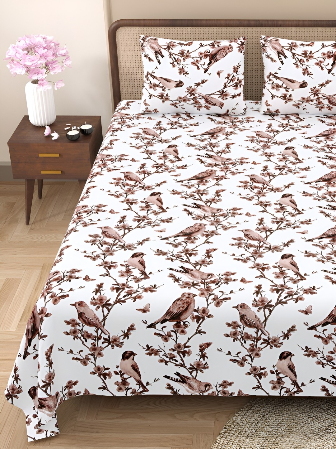 

BELLA CASA Pink & White Printed Cotton 180 TC Queen Double Bedsheet with 2 Pillow Covers