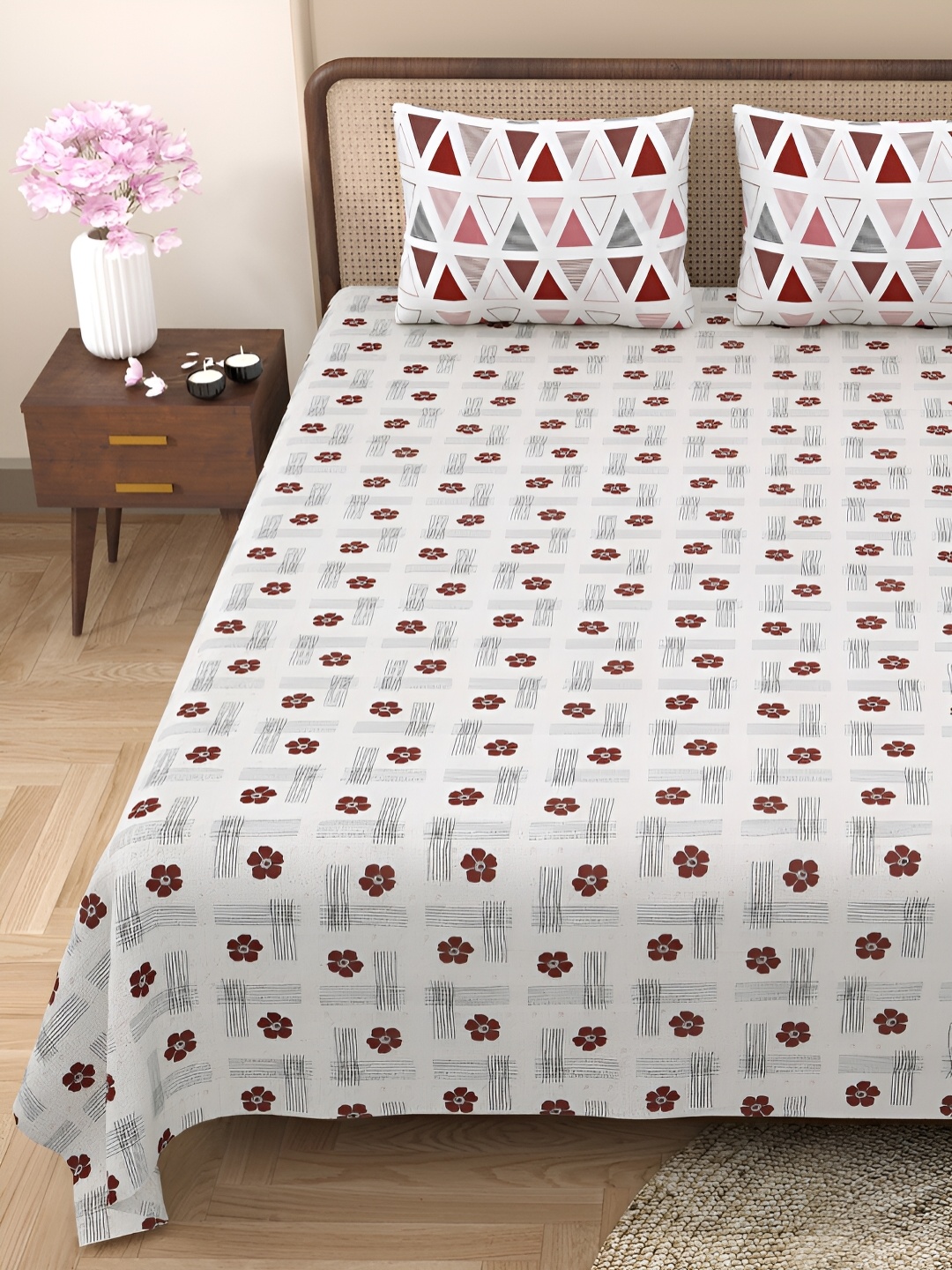 

BELLA CASA Pink & White Floral 180 TC Cotton Queen Bedsheet With 2 Pillow Covers