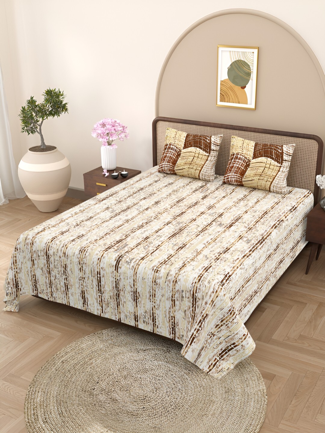 

BELLA CASA Brown & White Printed Cotton 180 TC Queen Double Bedsheet with 2 Pillow Covers