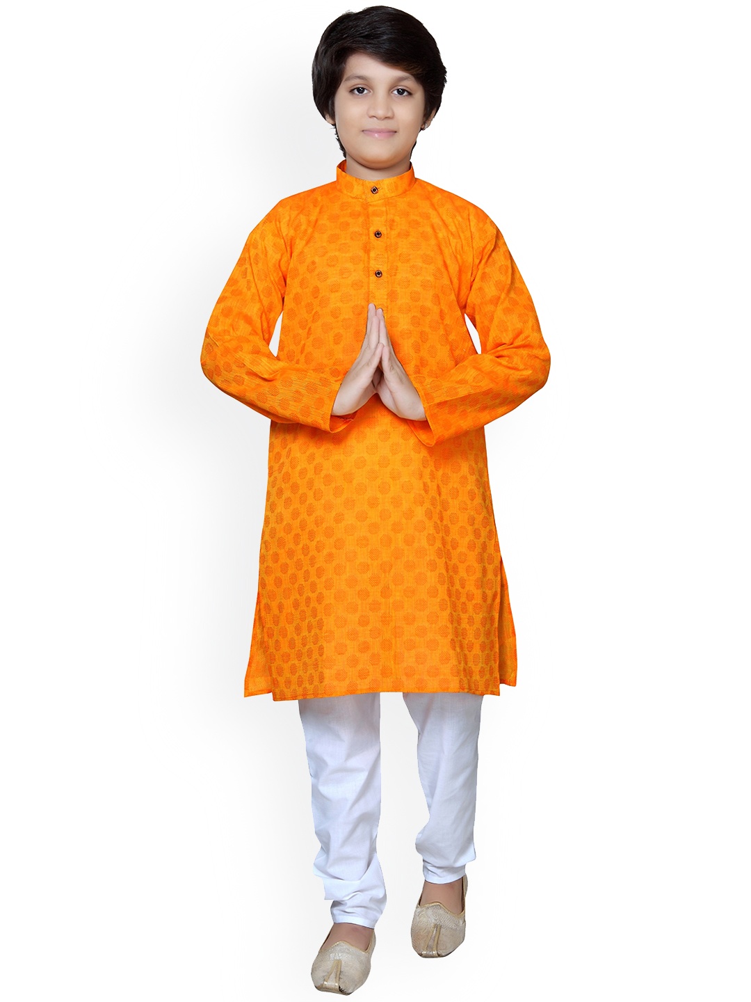 

Baba & Baby Boys Geometric Woven Design Thread Work Pure Cotton Straight Kurta & Churidar, Yellow