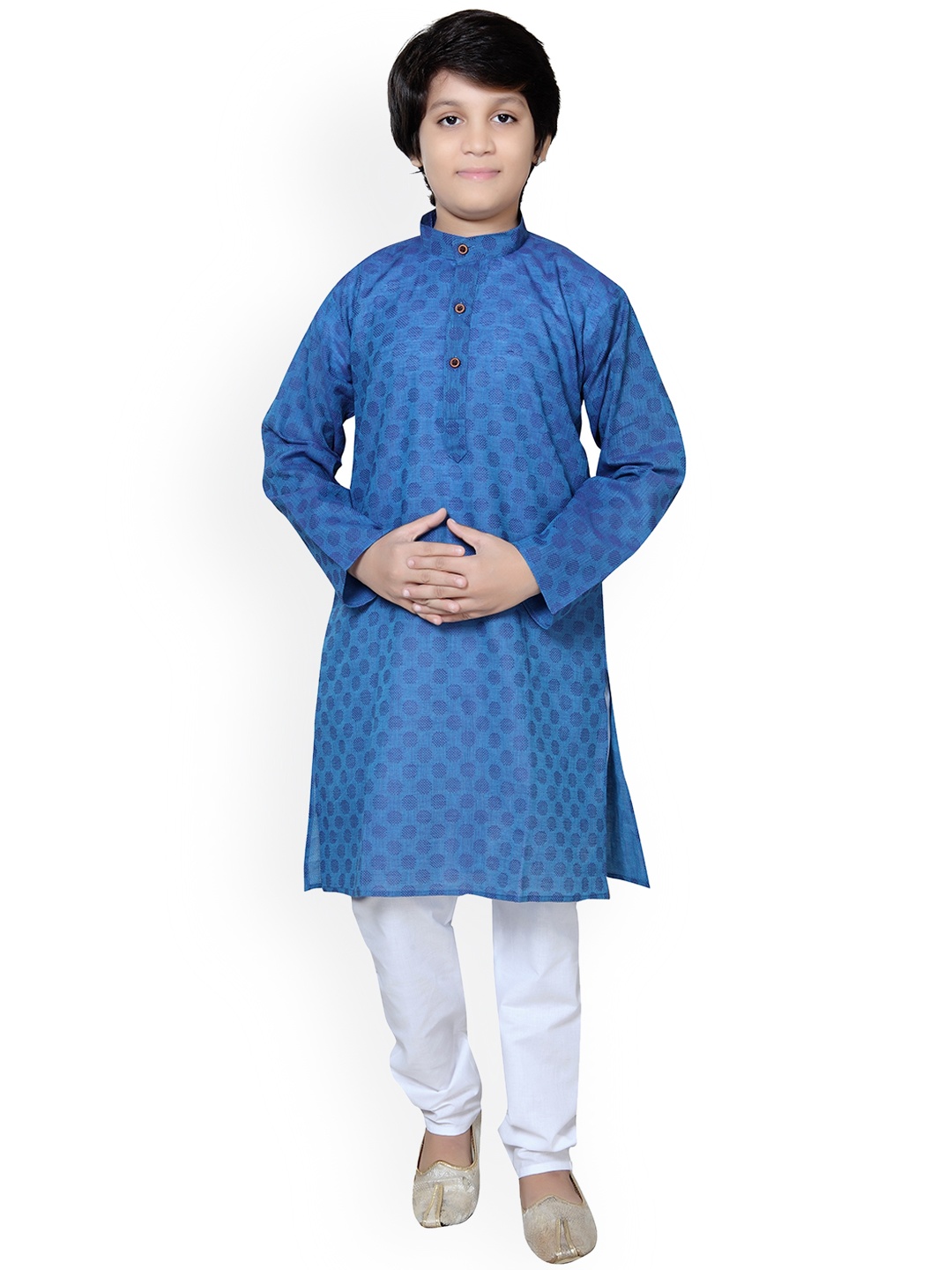 

Baba & Baby Boys Geometric Woven Design Thread Work Pure Cotton Straight Kurta With Pyjama, Blue