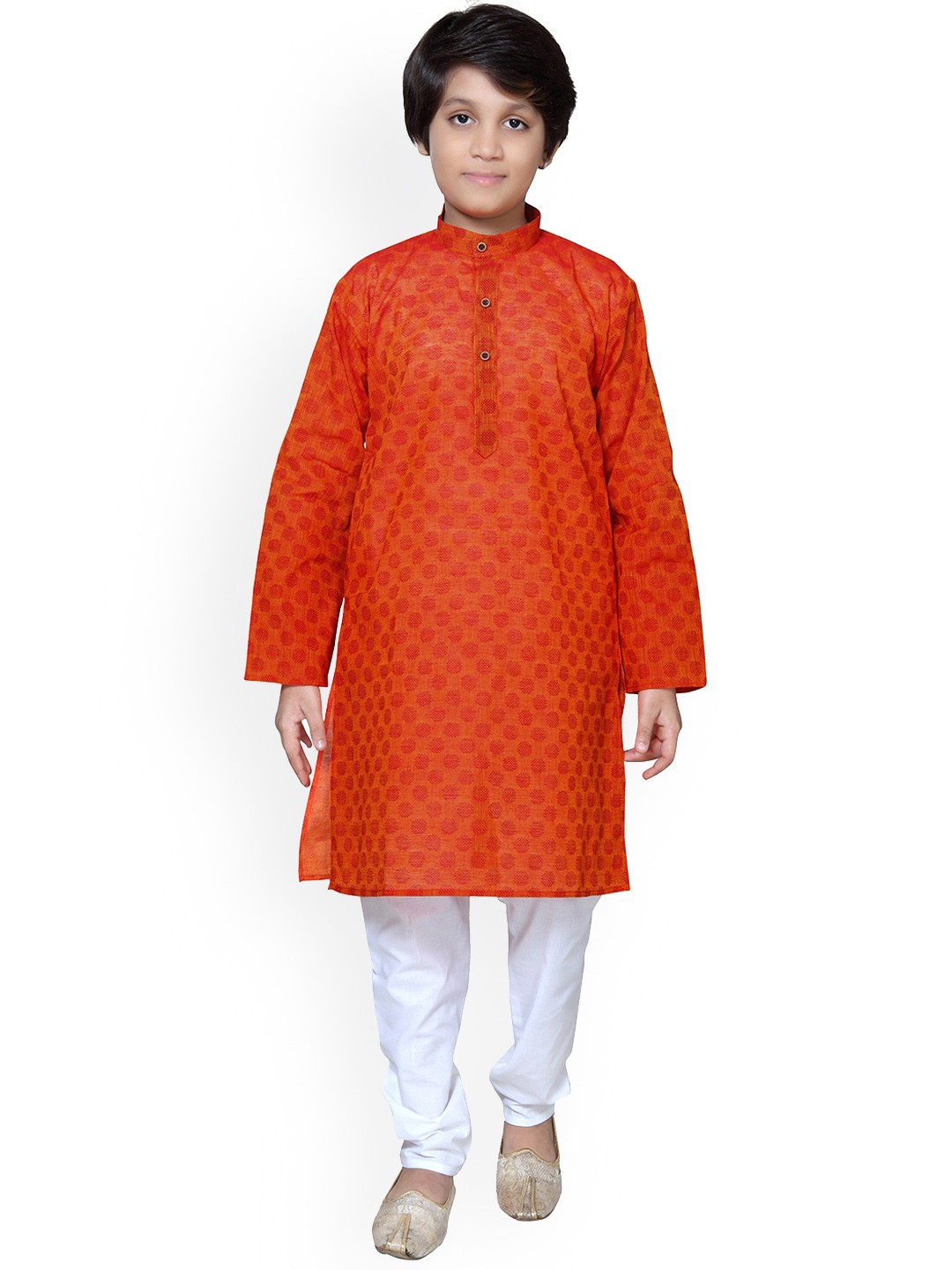 

Baba & Baby Boys Woven Design Thread Work Band Collar Pure Cotton Kurta with Pyjamas, Orange