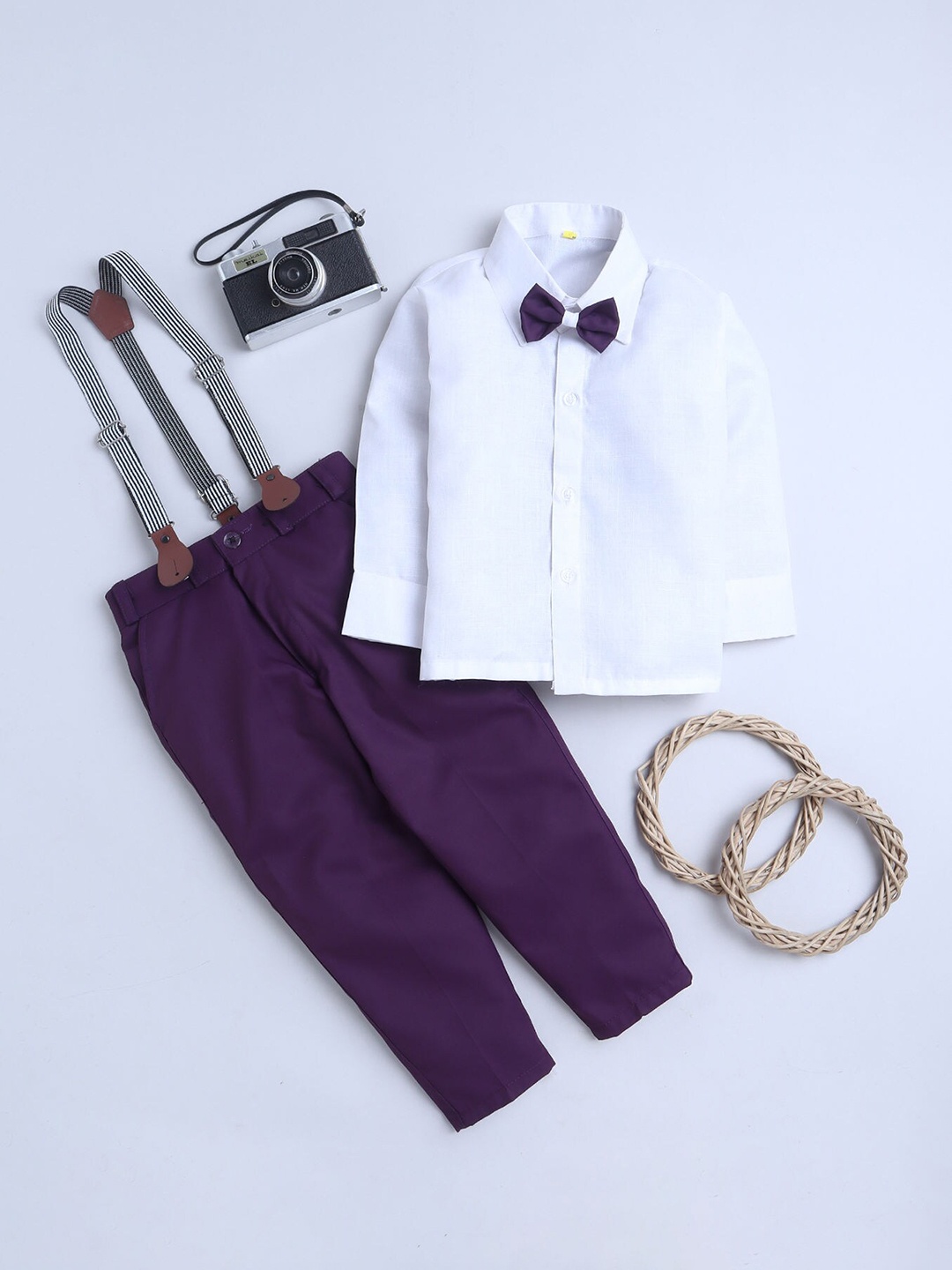 

FOURFOLDS Boys Bow Detail With Suspenders Pure Cotton Shirt with Trousers, Purple