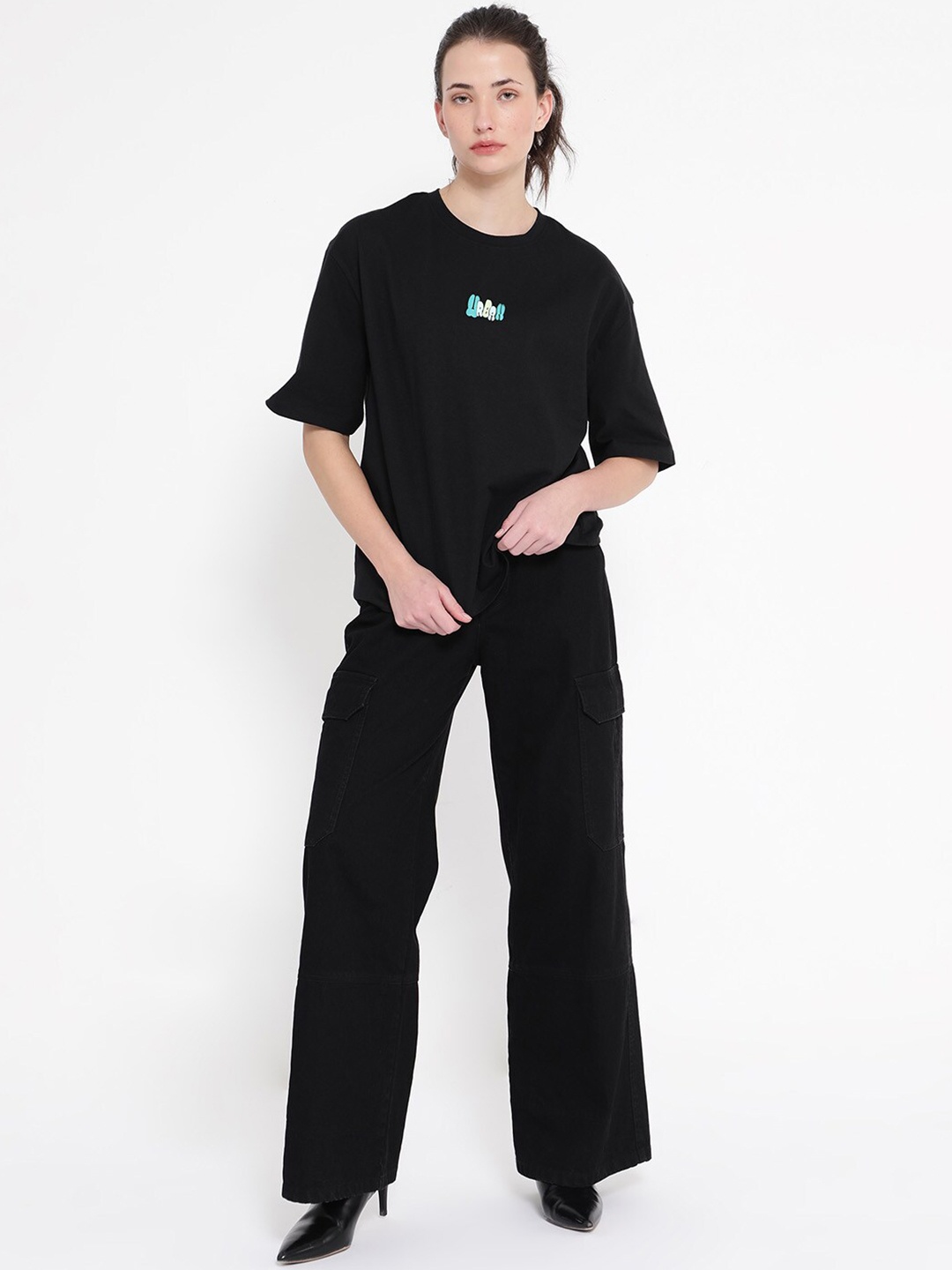 

RAREISM Graphic Printed Drop Shoulder Cotton Relaxed T-shirt, Black