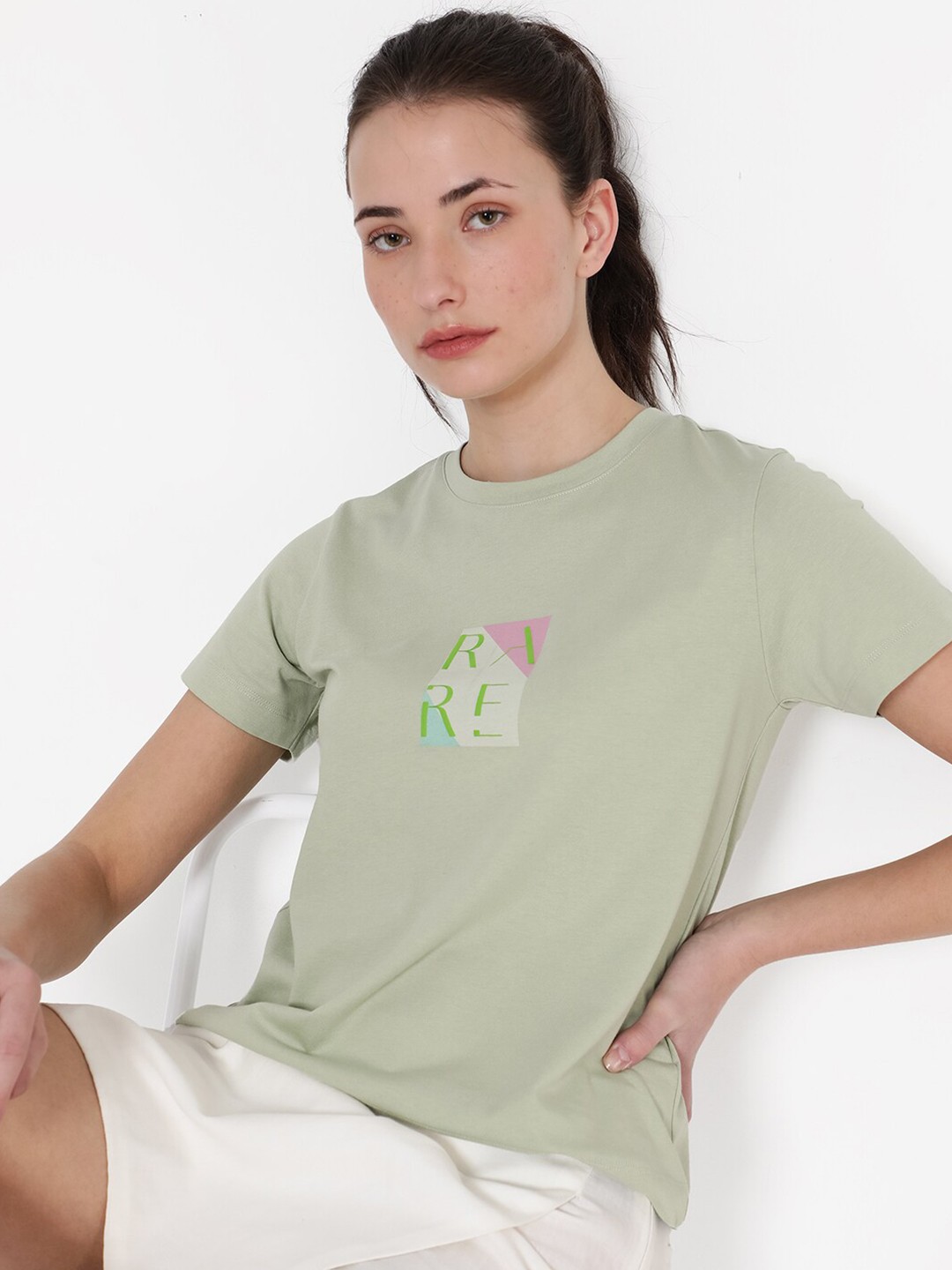 

RAREISM HANNA Round Shaped Short Sleeves Cotton T-shirt, Green