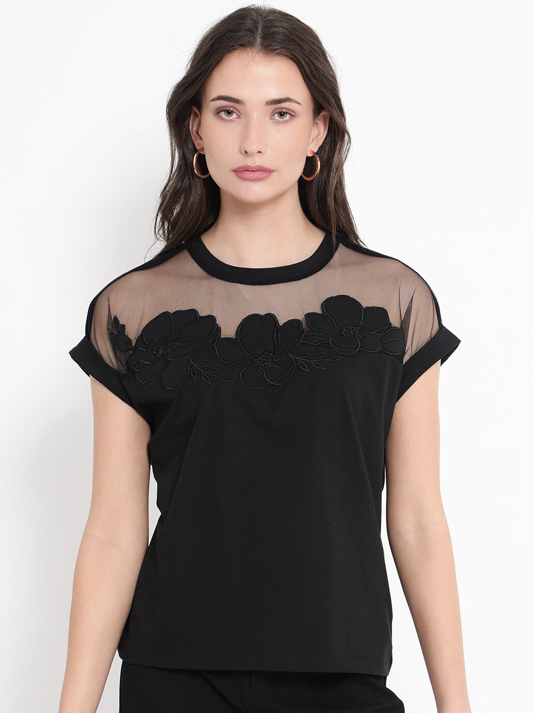 

RAREISM Floral Embroidered Extended Sleeves Cotton T-shirt, Black