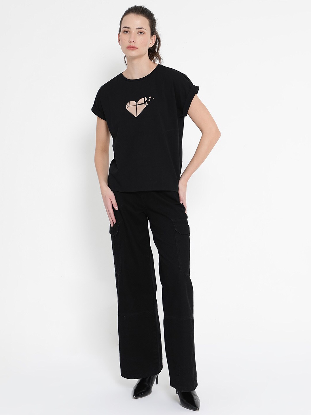 

RAREISM Brahe Graphic Printed Extended Sleeves Cotton T-shirt, Black