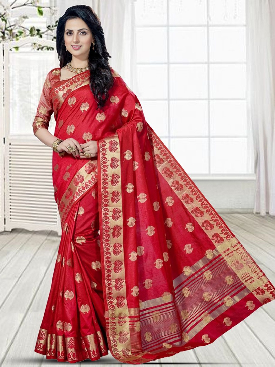 

Mitera Ethnic Motifs Zari Silk Blend Kanjeevaram Saree, Red