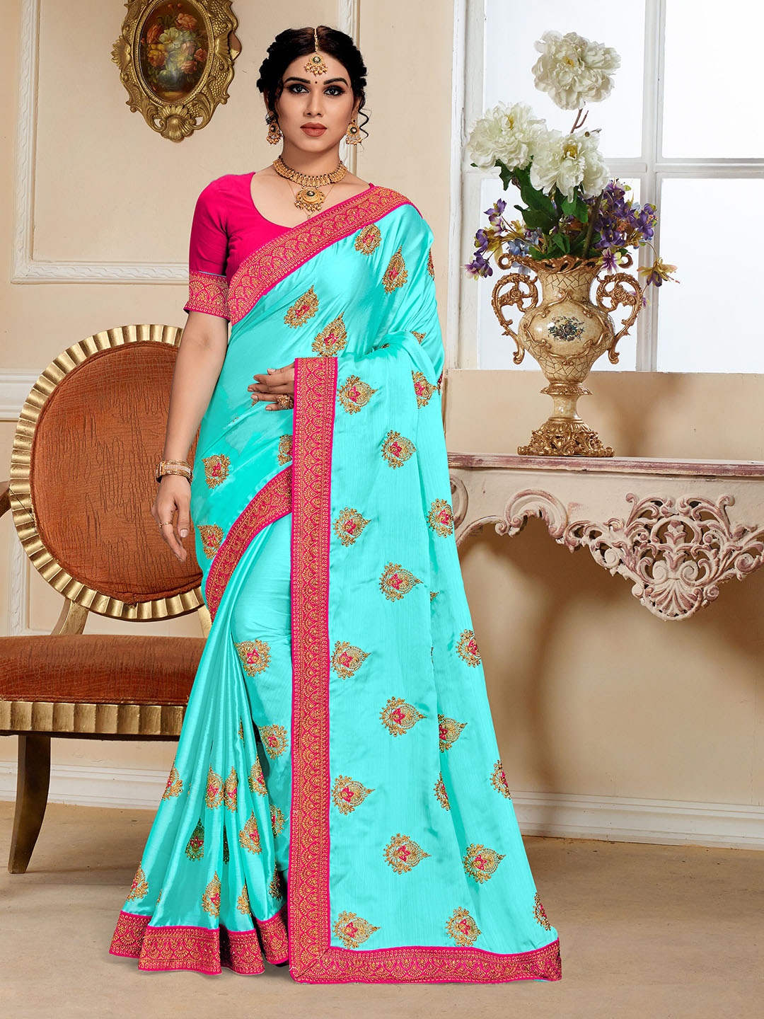 

Mitera Ethnic Motifs Embroidered Silk Blend Saree, Blue