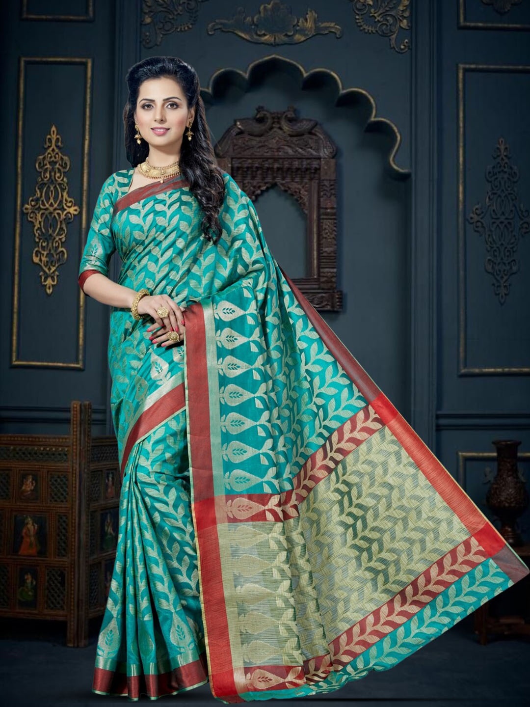 

Mitera Ethnic Motifs Zari Silk Blend Kanjeevaram Saree, Blue