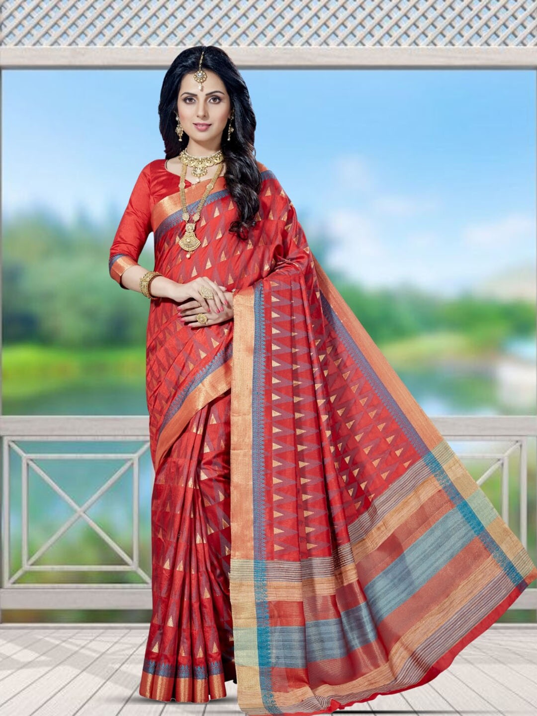 

Mitera Zari Woven Design Kanjeevaram Saree, Red