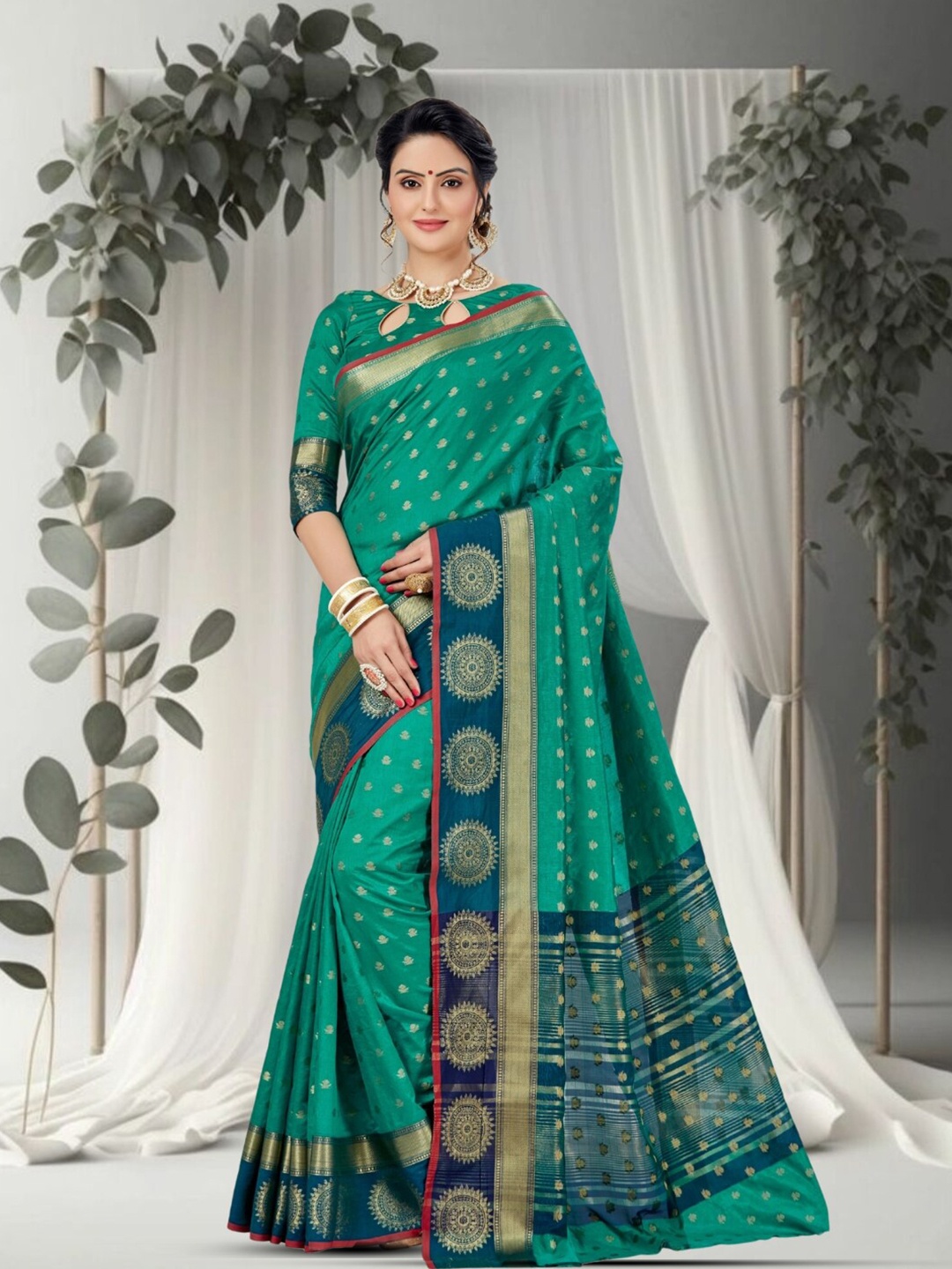 

Mitera Ethnic Motifs Zari Silk Blend Kanjeevaram Saree, Turquoise blue
