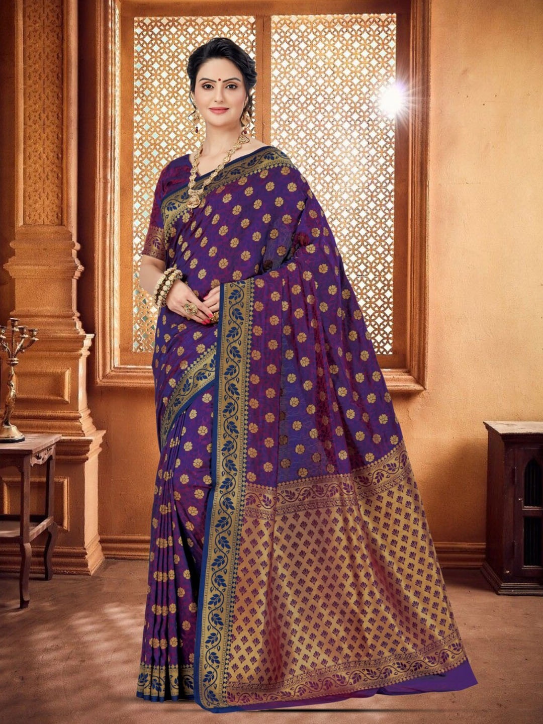 

Mitera Bandhani Zari Silk Blend Kanjeevaram Saree, Purple
