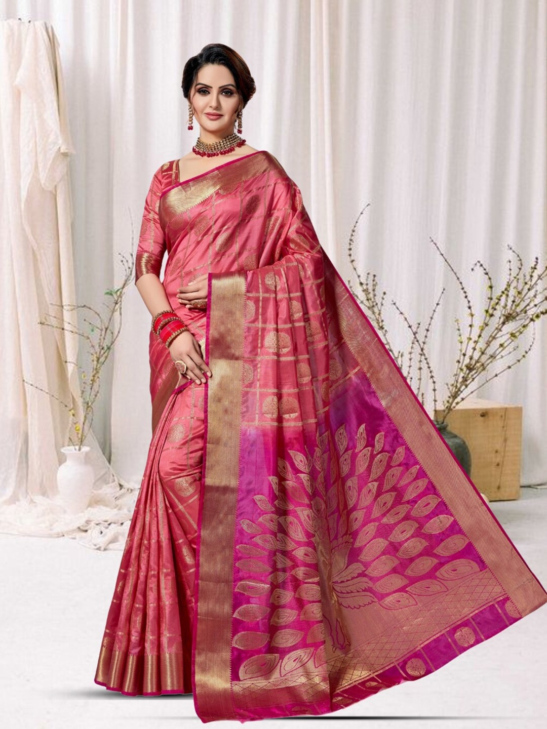 

Mitera Ethnic Motifs Zari Silk Kanjeevaram Saree, Peach