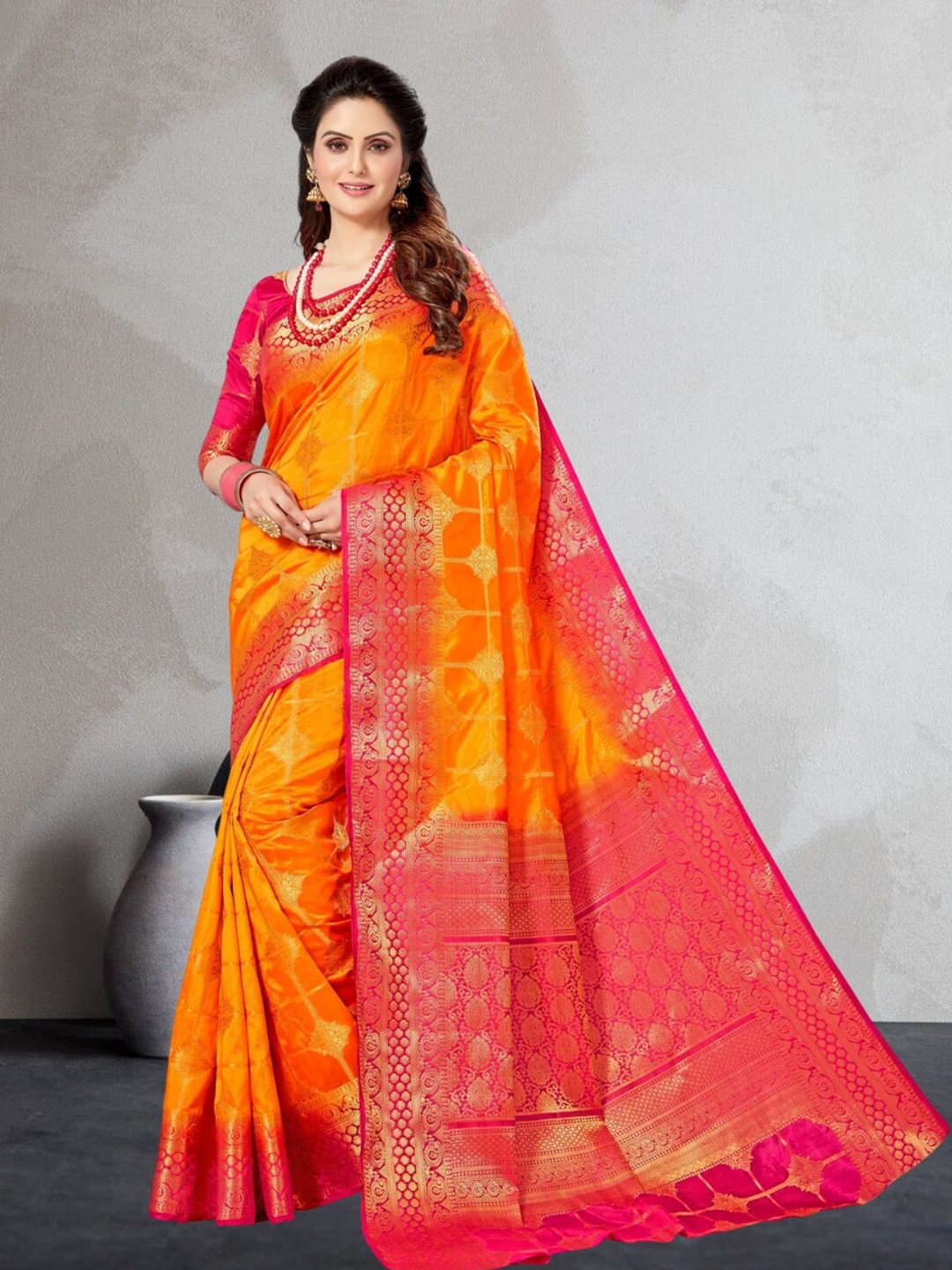 

Mitera Woven Design Zari Silk Blend Kanjeevaram Saree, Orange