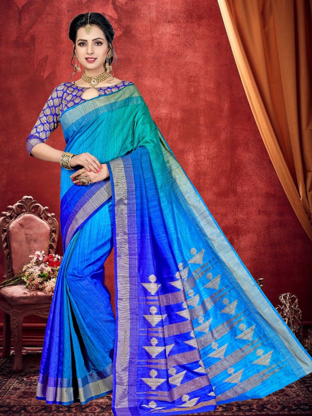 

Mitera Woven Design Zari Silk Blend Kanjeevaram Saree, Blue