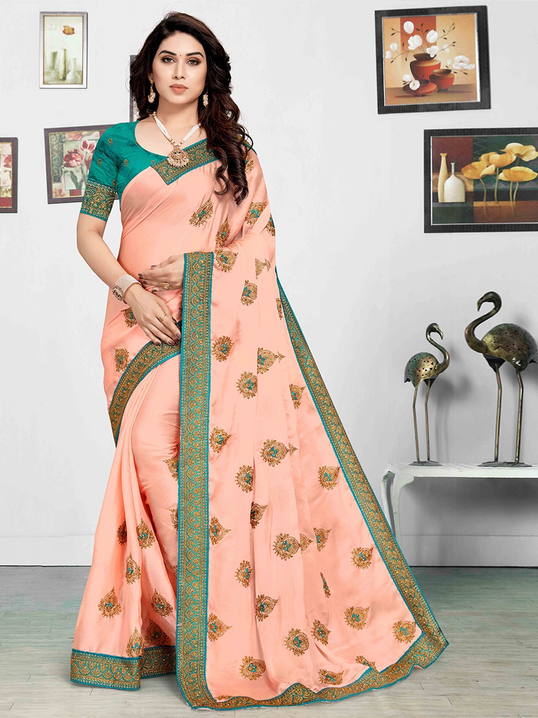 

Mitera Ethnic Motifs Embroidered Silk Blend Saree, Peach