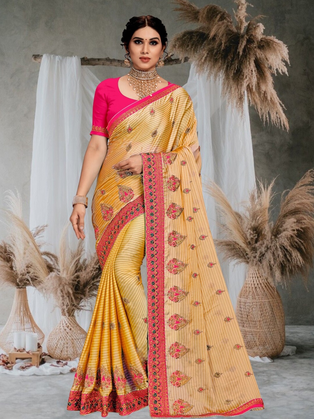 

Mitera Ethnic Motifs Embroidered Silk Blend Saree, Mustard