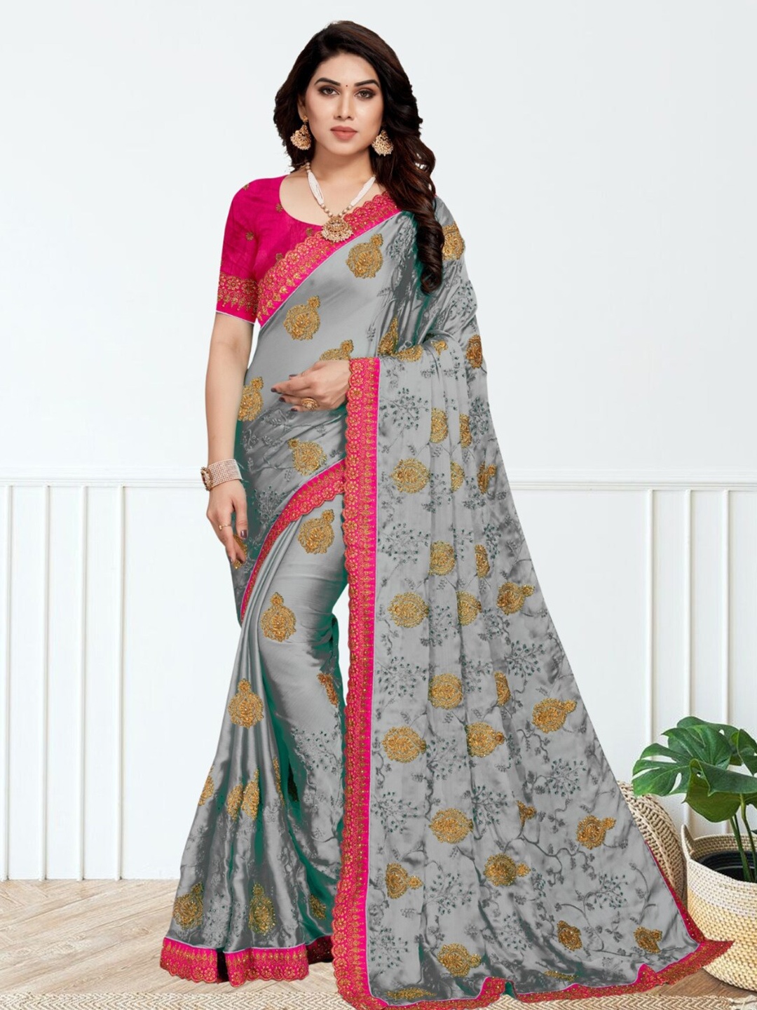 

Mitera Ethnic Motifs Embroidered Silk Blend Saree, Grey