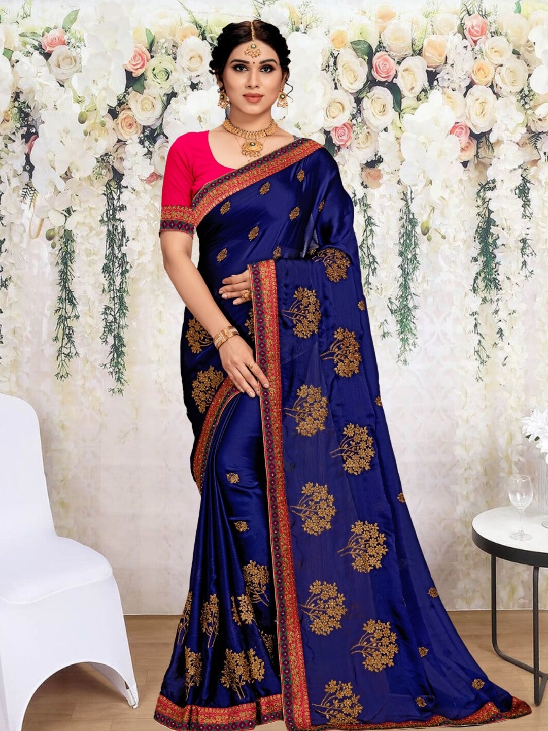 

Mitera Floral Embroidered Silk Saree, Navy blue