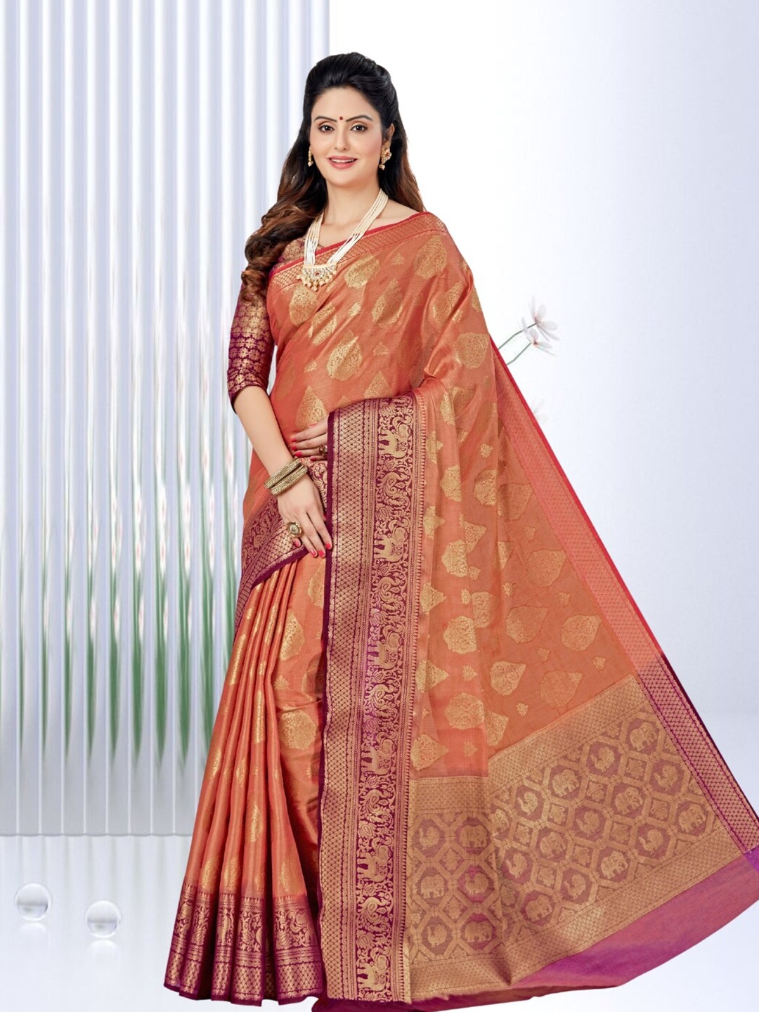 

Mitera Ethnic Motifs Zari Silk Blend Kanjeevaram Saree, Peach