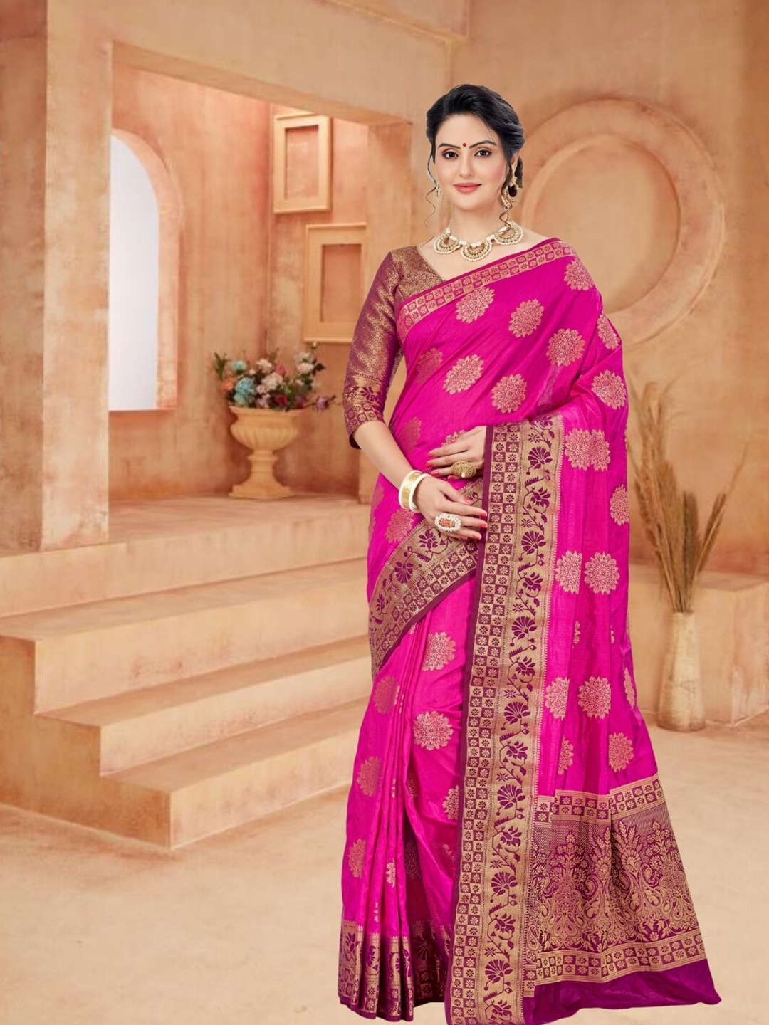 

Mitera Ethnic Motifs Zari Silk Blend Kanjeevaram Saree, Pink