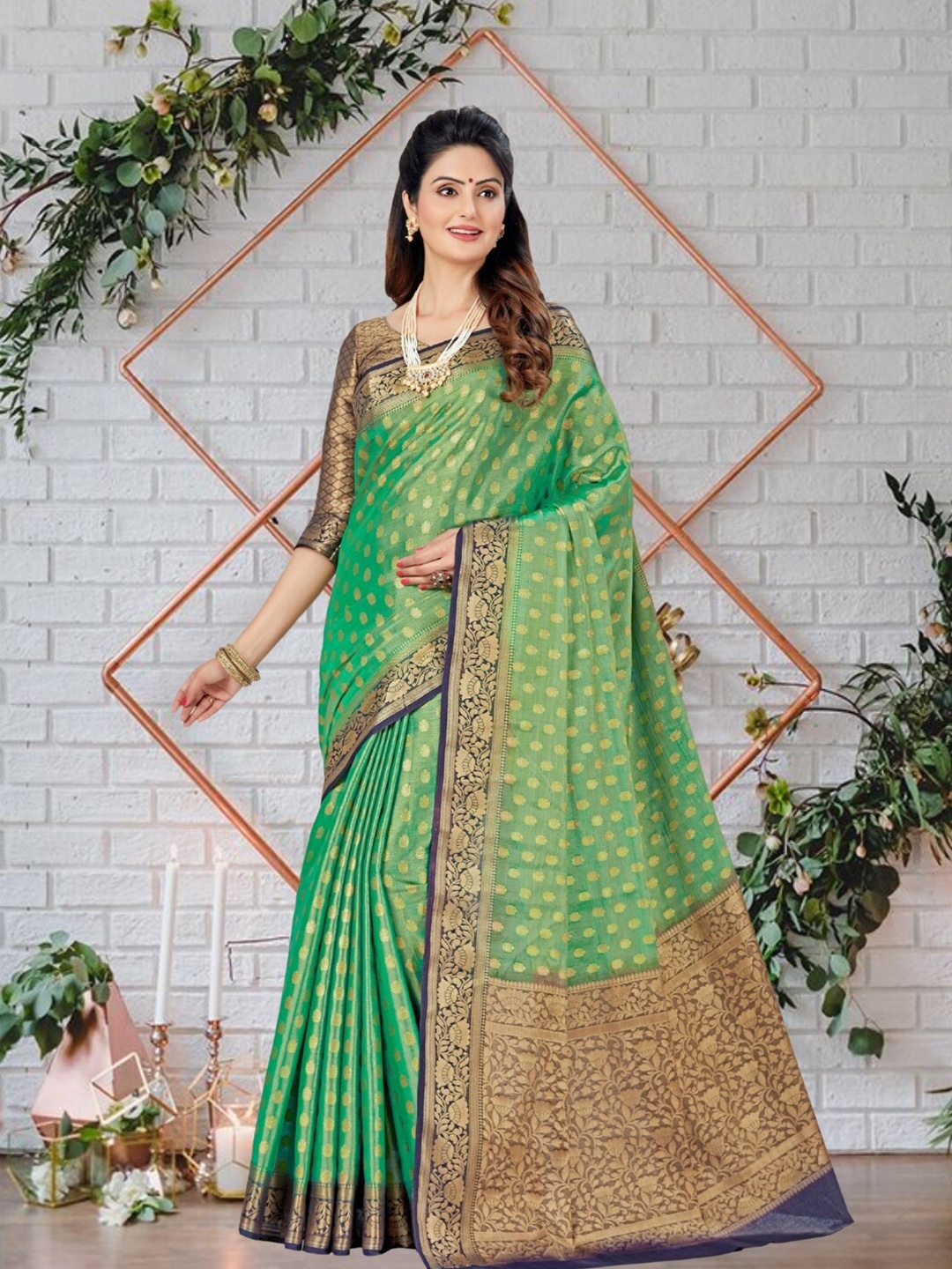 

Mitera Ethnic Motifs Zari Silk Blend Kanjeevaram Saree, Sea green