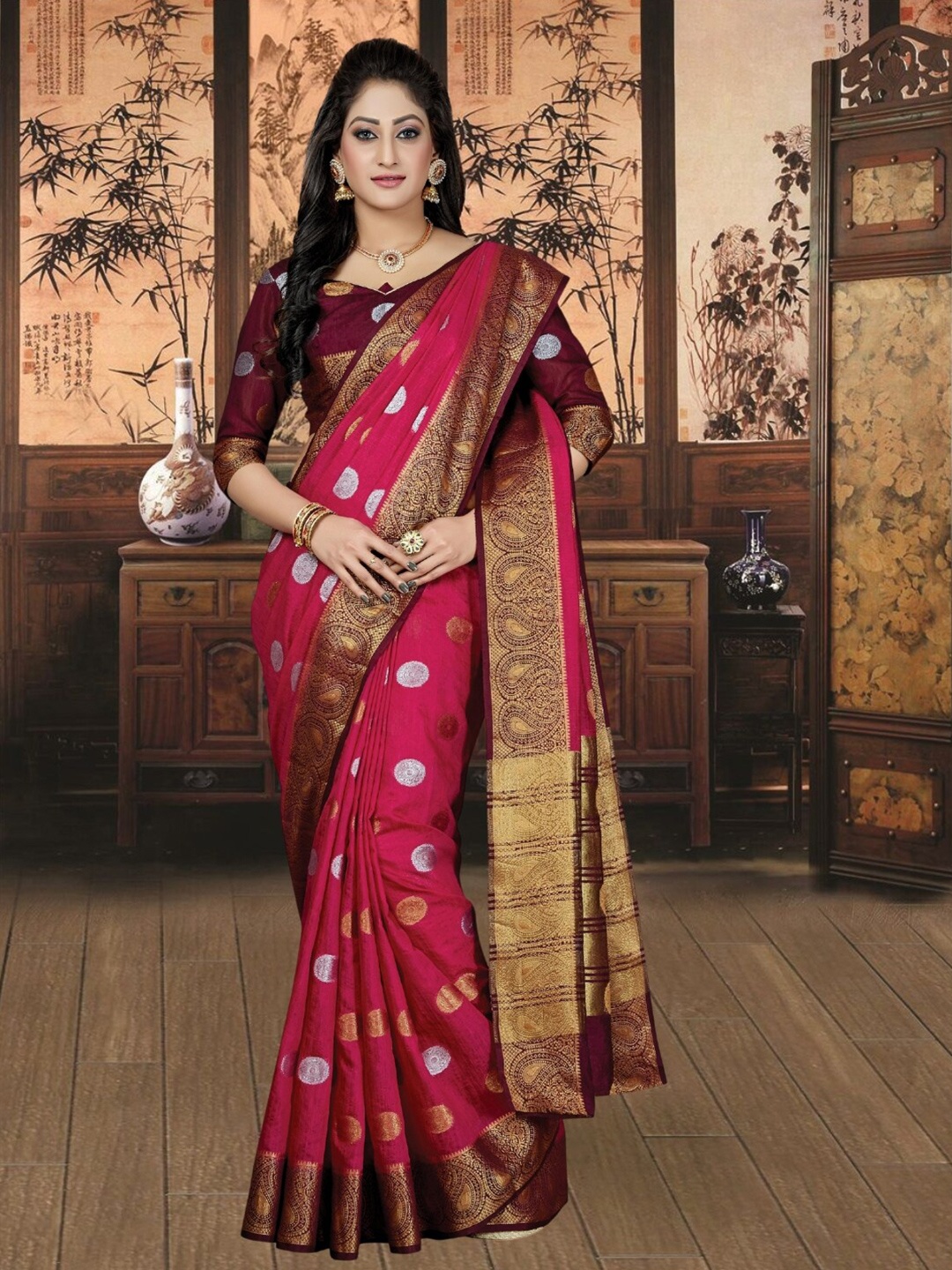 

Mitera Ethnic Motifs Zari Silk Blend Kanjeevaram Saree, Pink
